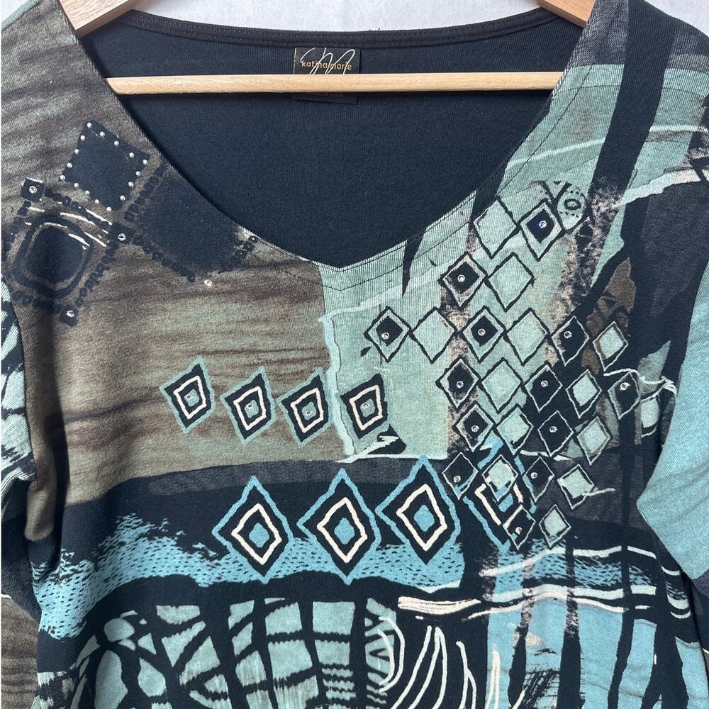 Vintage Y2K Katina Marie Abstract Rhinestone V-Neck Top XL USA Cotton Geometric - Picture 2 of 9